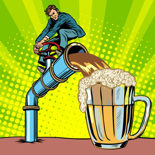 Bildet viser mann som tapper øl, i tegneseriestil