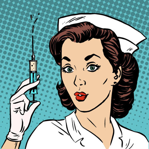 Bildet viser sykepleier med vaksinesprøyte, i tegneseriestil.