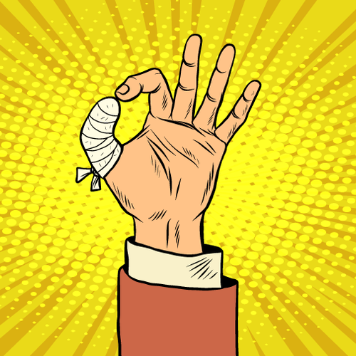 Bildet viser en bandasjert finger i tegneserie-stil.