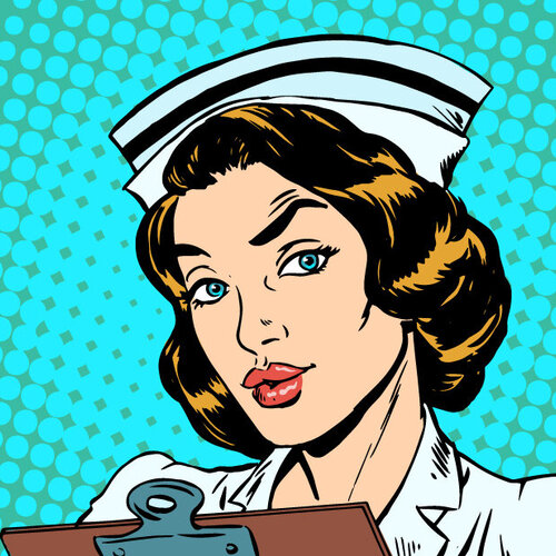 Illustrasjonen viser en kvinnelig sykepleier i tegneseriestil.