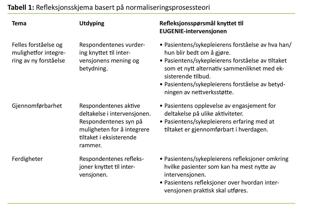 Tabell 1. Refleksjonsskjema basert på normaliseringsprosessteori