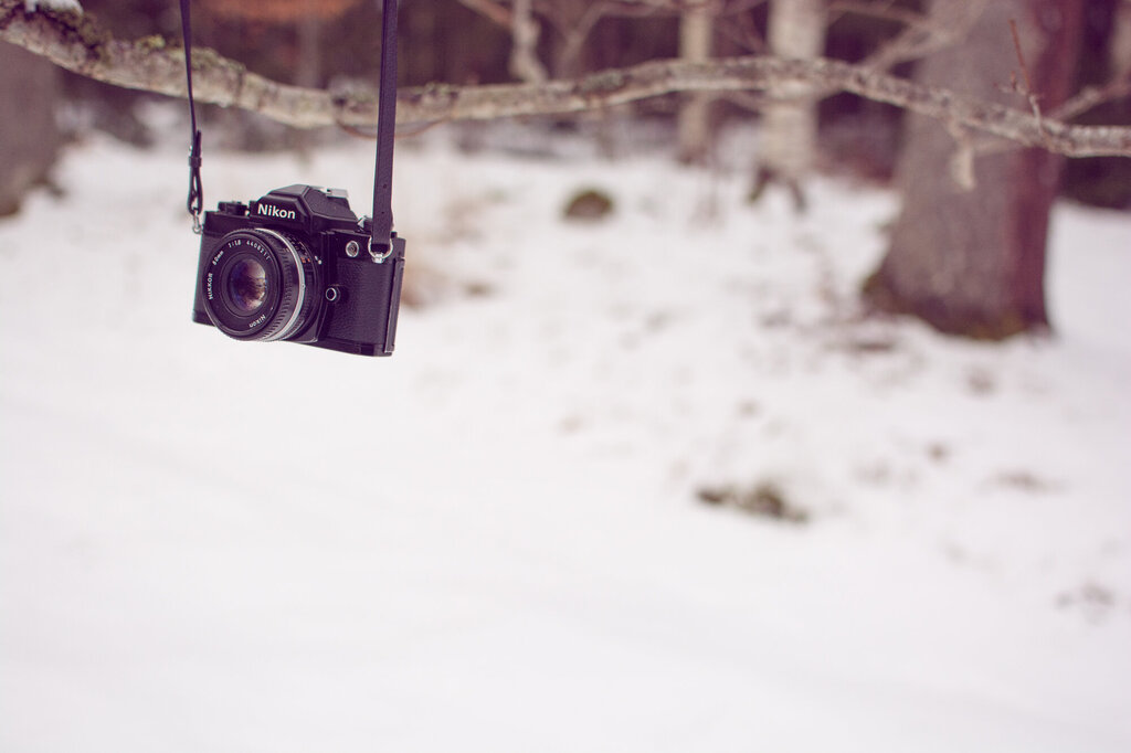 Bildet viser et fotoapparat som henger på en gren i skogen. Det er vinter.