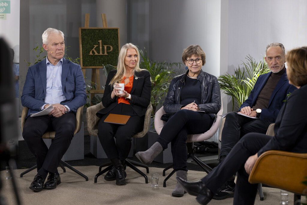 Paneldebatt. Fra venstre: Konsernsjef i KLP Sverre Thornes, NSFs forbundsleder Lill Sverresdatter Larsen, leder i Fagforbundet Mette Nord og Tor Arne Gangsø som er direktør for arbeidsliv i KS