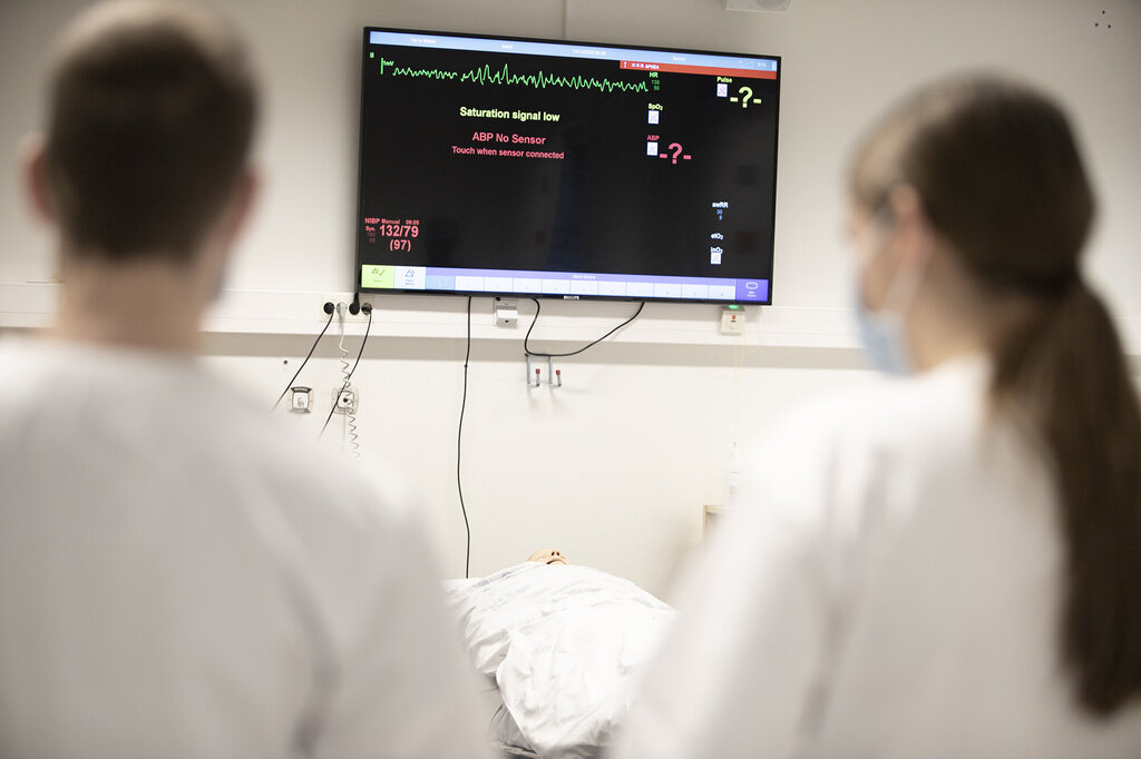 Bildet viser to sykepleiere som ser på en monitor.