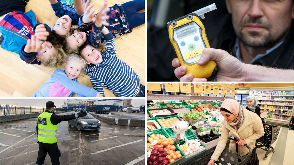 collage av barn, alkotest og matbutikk