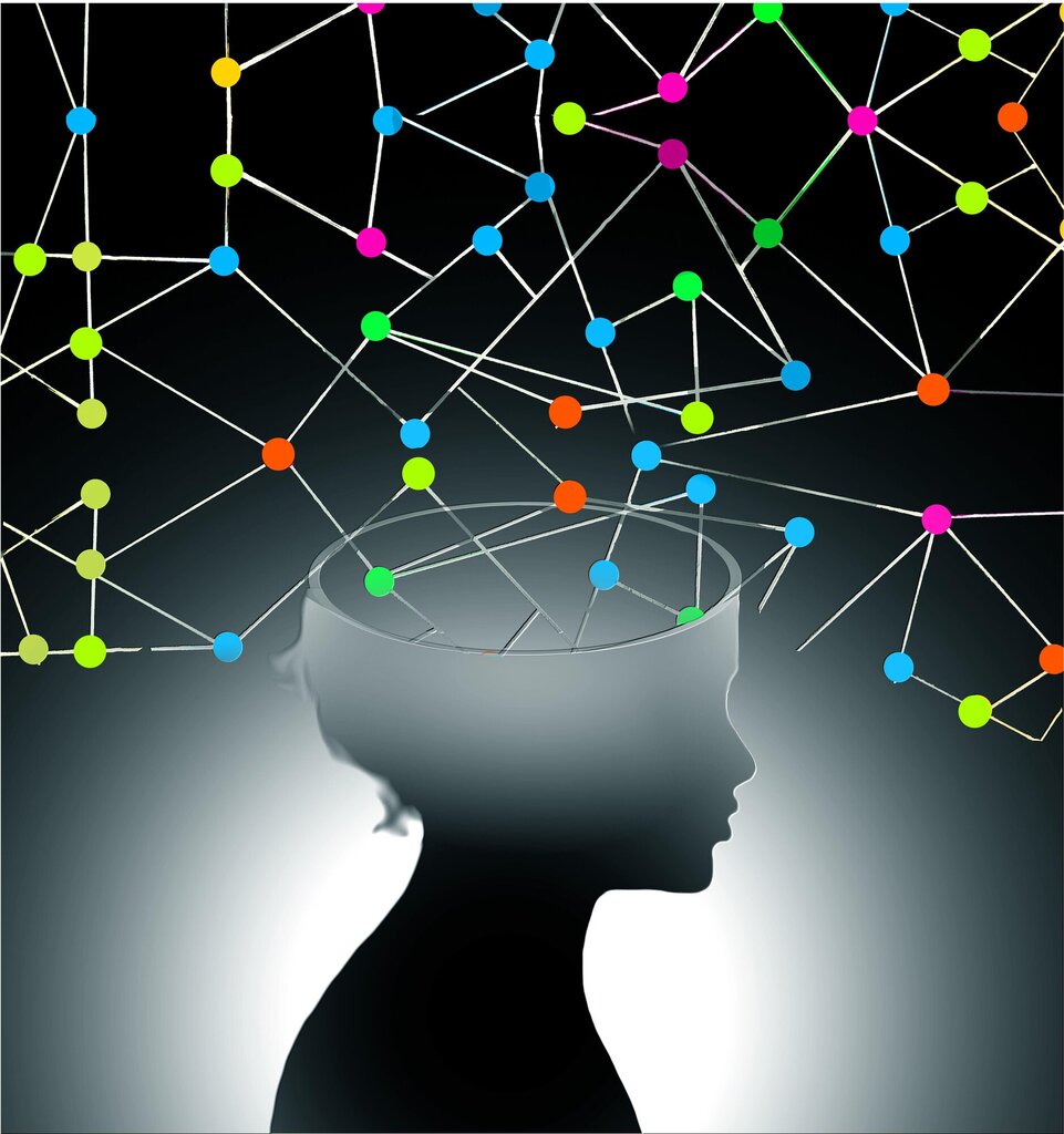 Illustrasjonen viser et hode i profil, der toppen av hodet mangler. Over og rundt issen svirrer prikker i ulike farger forbundet av en strek. De gir assosiasjon til synapser.