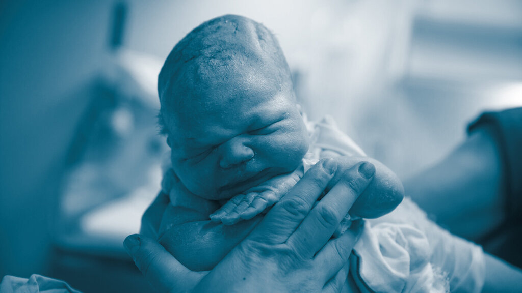 The photo shows a newborn baby being held by a couple of hands