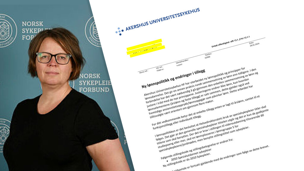 Bildet viser NSFs foretakstillitsvalgt ved Ahus, Berit Langset og utsnitt av et brev