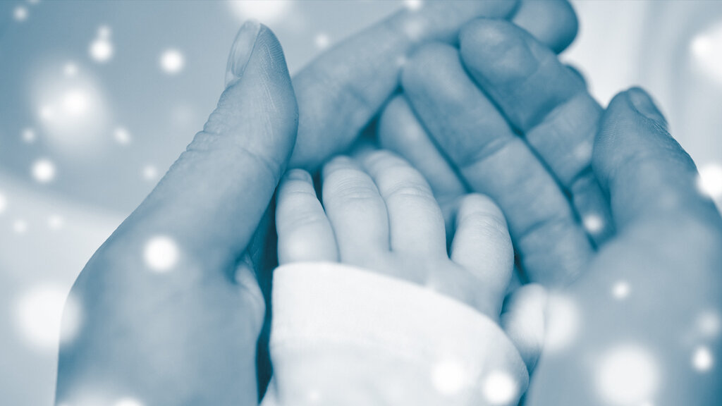 The picture shows a mother's hands holding around a small baby hand.