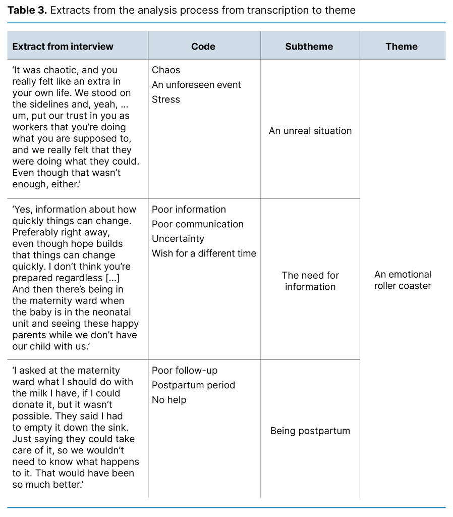 Table 3. Extracts from the analysis process from transcription to theme
