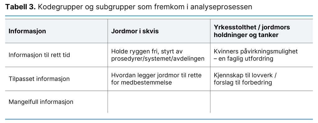 Tabell 3. Kodegrupper og subgrupper som fremkom i analyseprosessen