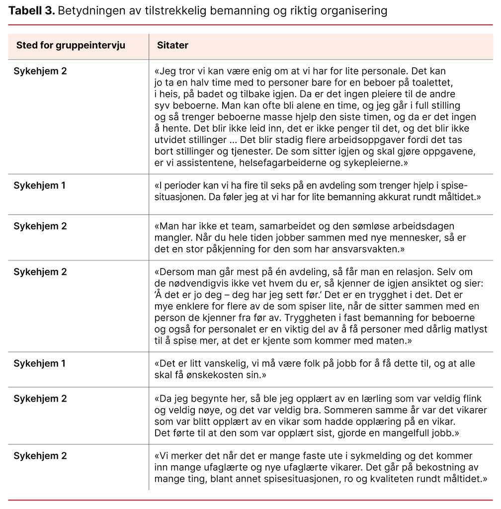 Tabell 3. Betydningen av tilstrekkelig bemanning og riktig organisering