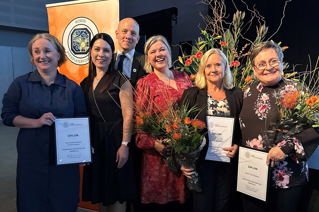 Bilder viser Lisa Tapio fra gynekologisk poliklinikk ved St. Olavs hospital, nestleder Randi Wågheim i NSF Trøndelag, fylkesleder Kenneth Sandmo Grip i NSF Trøndelag, Elisabeth Hellem fra gynekologisk poliklinikk ved St. Olavs hospital, Anne Grete Hammerhaug fra kateterseksjonen ved St. Olavs hospital, som ble Årets sykepleier, og Solrunn Annie Urdshals, enhetsleder for rus og psykisk helse i Nærøysund og Årets sykepleierleder.