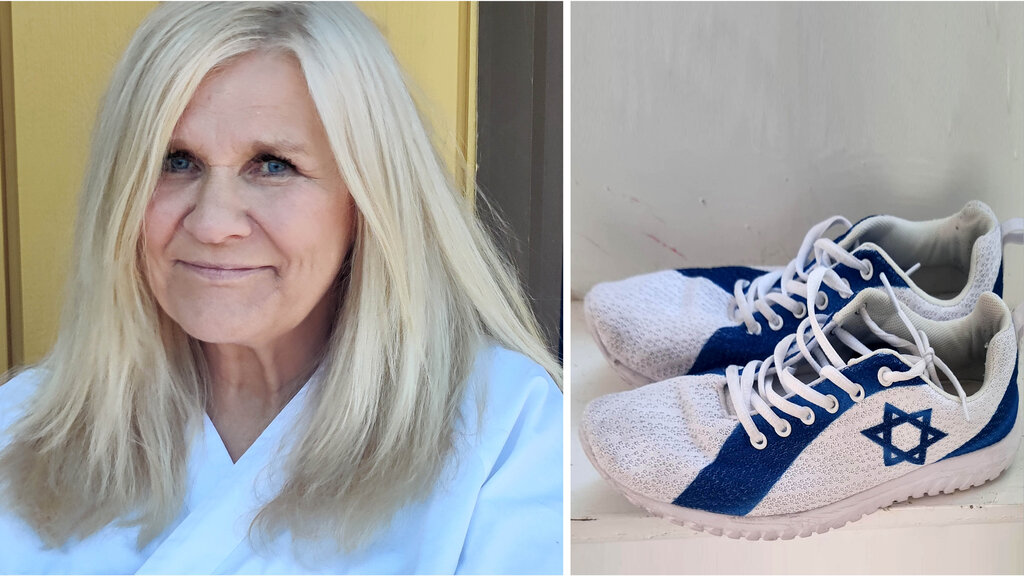 Bildet viser sykepleier Ingrid Neverdahl og sko med Davidsstjernen.