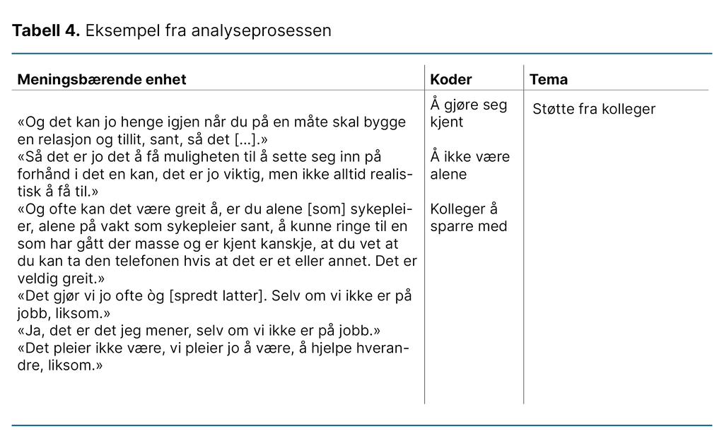 Tabell 4. Eksempel fra analyseprosessen