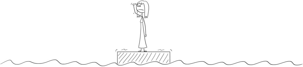 Tegning av en trist jente som skuer utover havet.