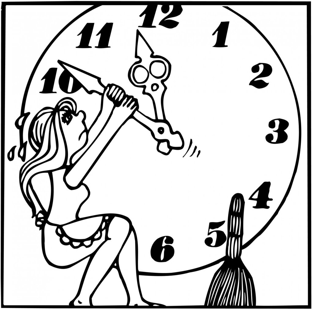 Tegning av kvinne som henger i en klokke.