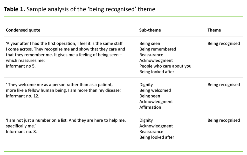 Table 1. Sample analysis of the ‘being recognised’ theme