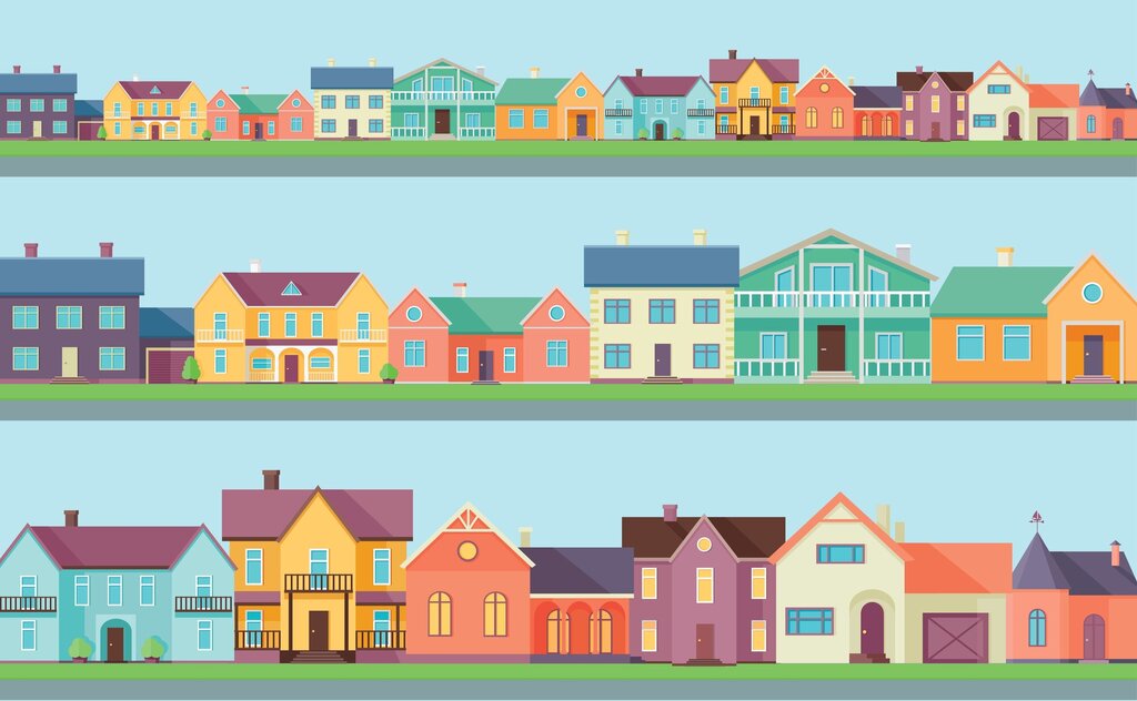 Illustrasjonen viser hus i forskjellige størrelser og farger.