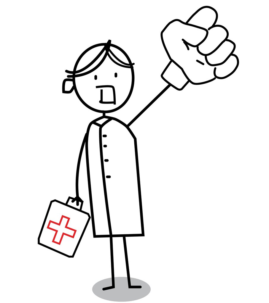Illustrasjonen viser en sykepleier som hytter med en svært stor hånd i været, tydelig irritert.