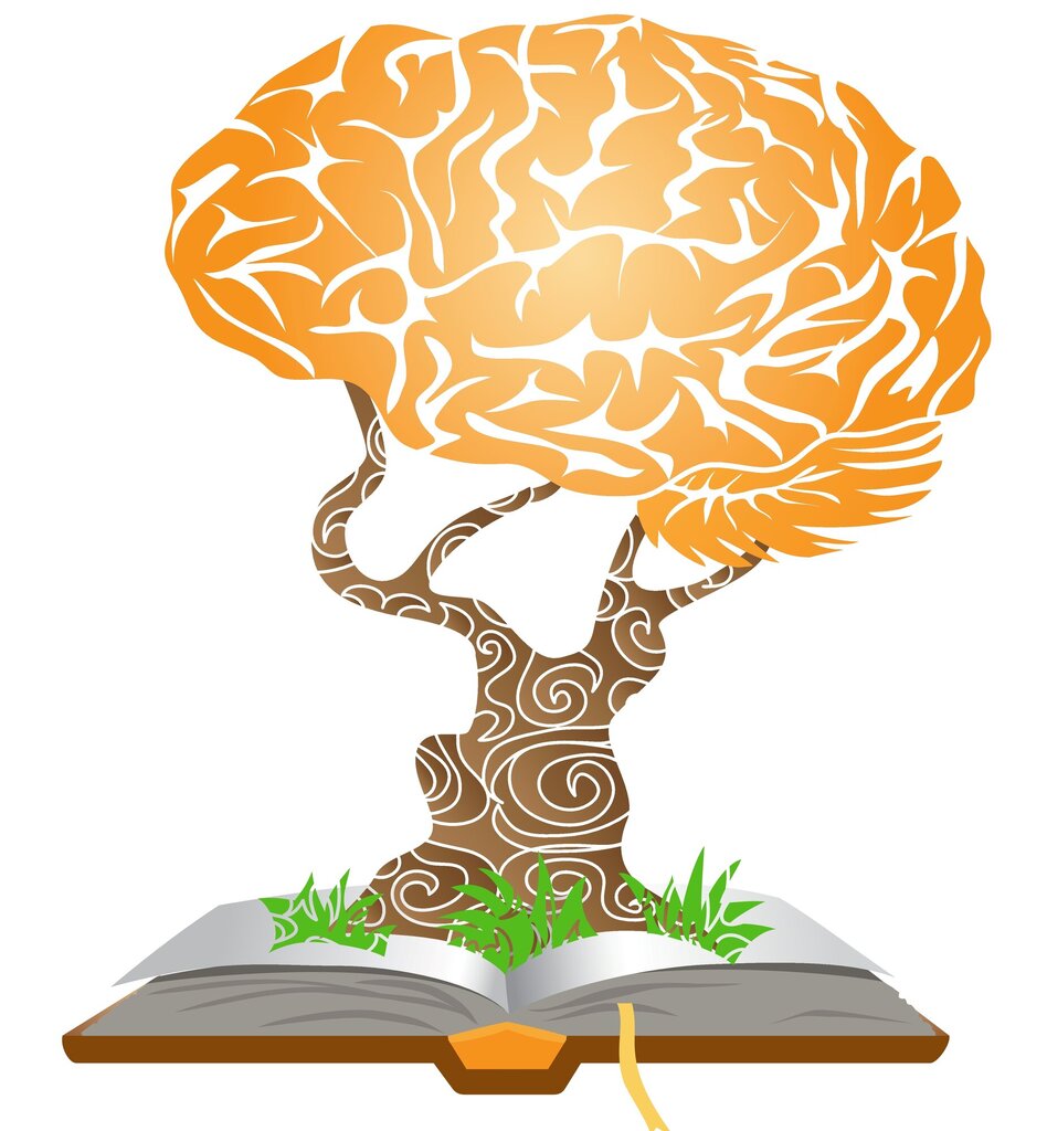 Illustrasjonen viser et tre som vokser opp av en bok, og trekronen ligner en hjerne.