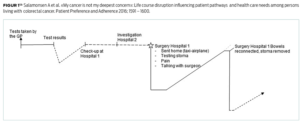 Figur 1 (12): Salamonsen A et al. «My cancer is not my deepest concern»: Life course disruption influencing patient pathways  and health care needs among persons living with  colorectal cancer. Patient Preference and Adherence 2016; 1591 – 1600. 