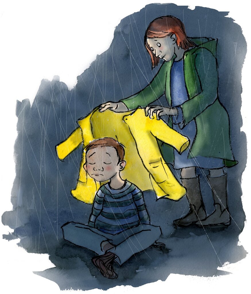 Illustrasjonen viser en trist gutt som sitter ute i regn og mørke, mens moren står bak og legger en knallgul regnjakke over skuldrende hans.