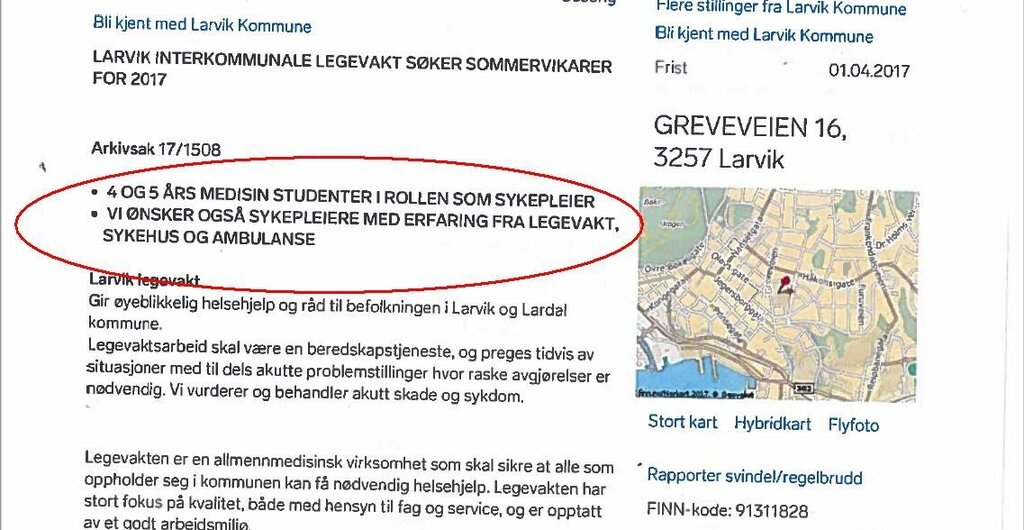 Skjermdump av utlysningen Larvik kommune la ut på finn.no for å få tak i sommrvikarer