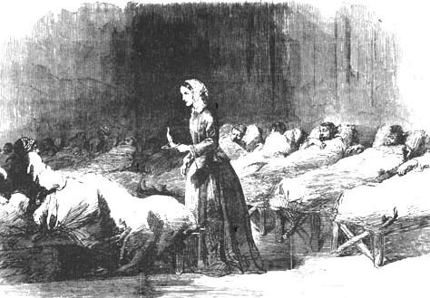 Tegning av kvinne på sykehus med rekker av senger med syke soldater 