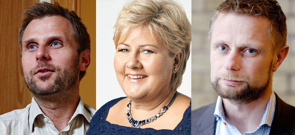 Bildet viser en collage av Torgeir Micaelsen, Erna Solberg og Bent Høie.