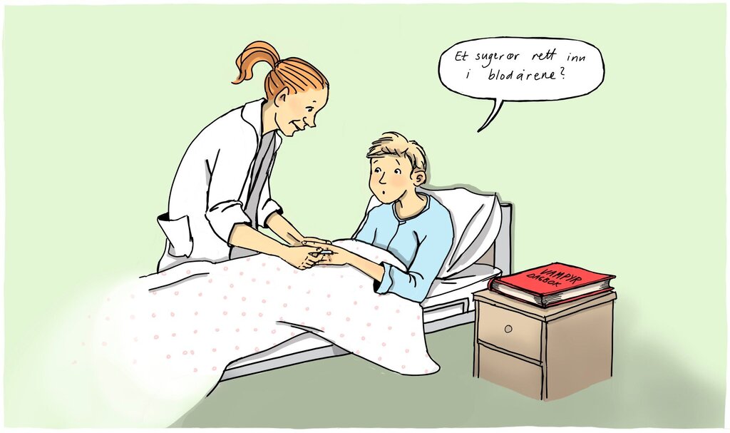 Illustrasjonen viser en gutt i en sykeseng som sier til sykepleieren: "Et sugerør rett inn i blodårene?"