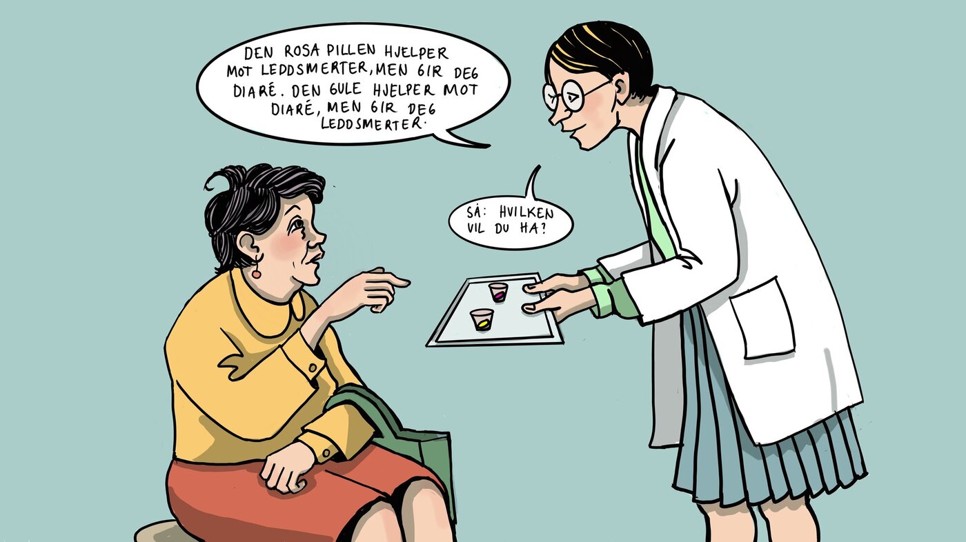 Illustrasjonen viser en sykepleier som holder et brett mot en pasient og sier: Den rosa pillen hjelper mot leddsmerter, men gir deg diaré. Den gule hjelper mot diaré, men gir deg leddsmerter. Så: Hvilken vil du ha?