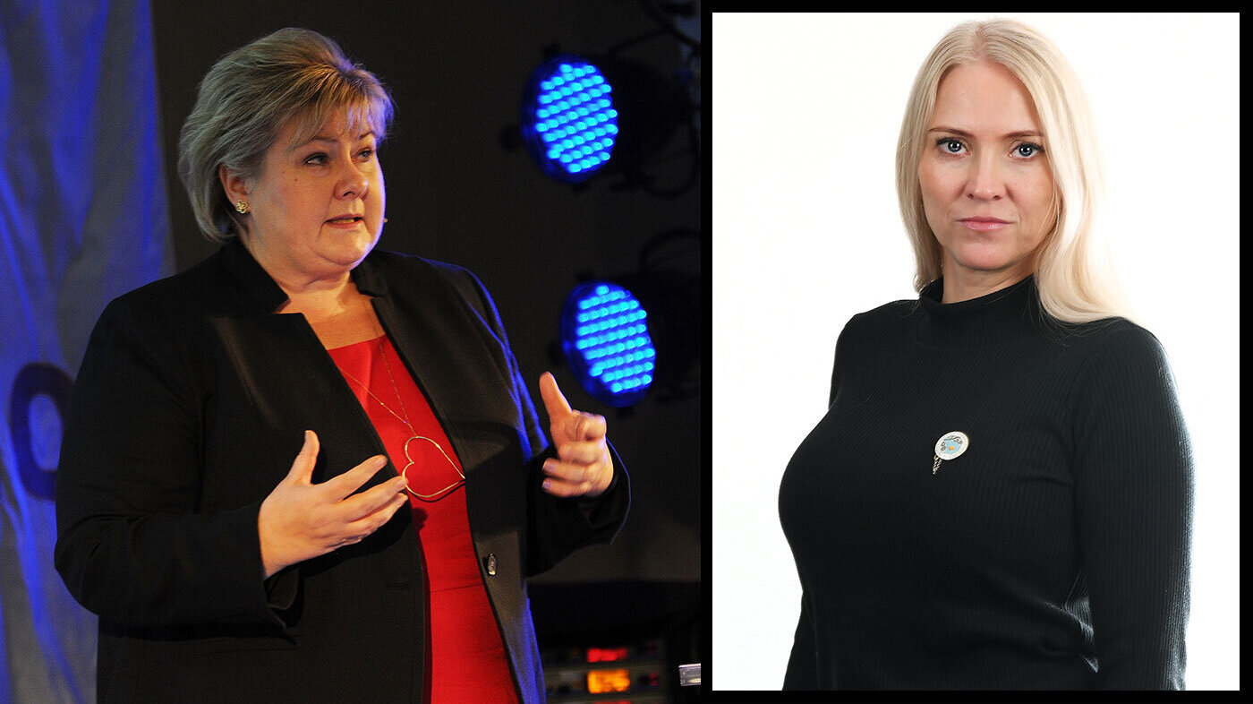 Bildet viser statsminister Solberg og NSF-leder Larsen