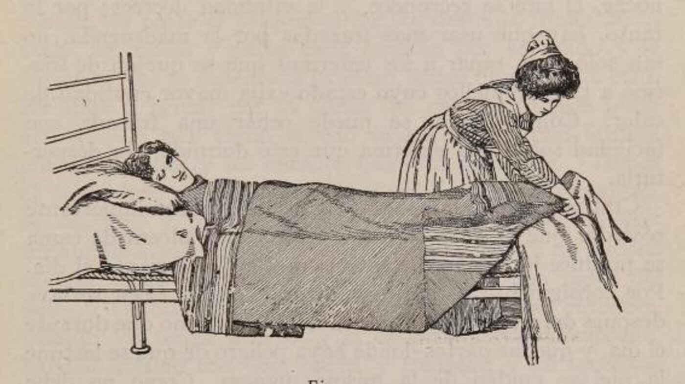 Illustrasjonen viser en sykepleier som steller en pasient.