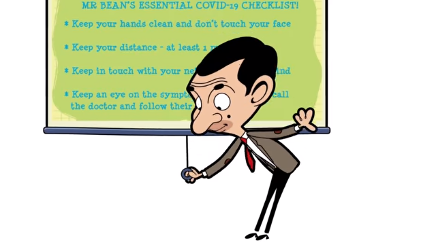 Bildet viser Mr. Bean som drar ned et lerret.
