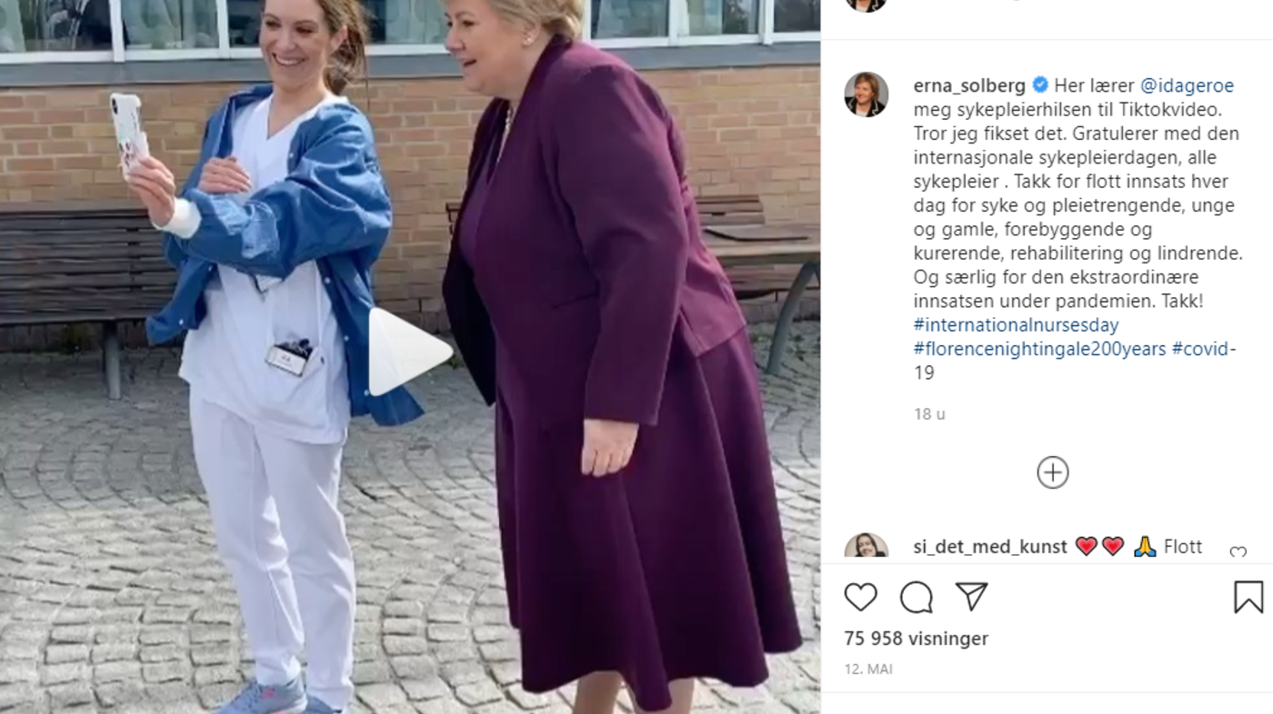 Bildet er en skjermdump av Erna Solbergs innlegg på Instagram.