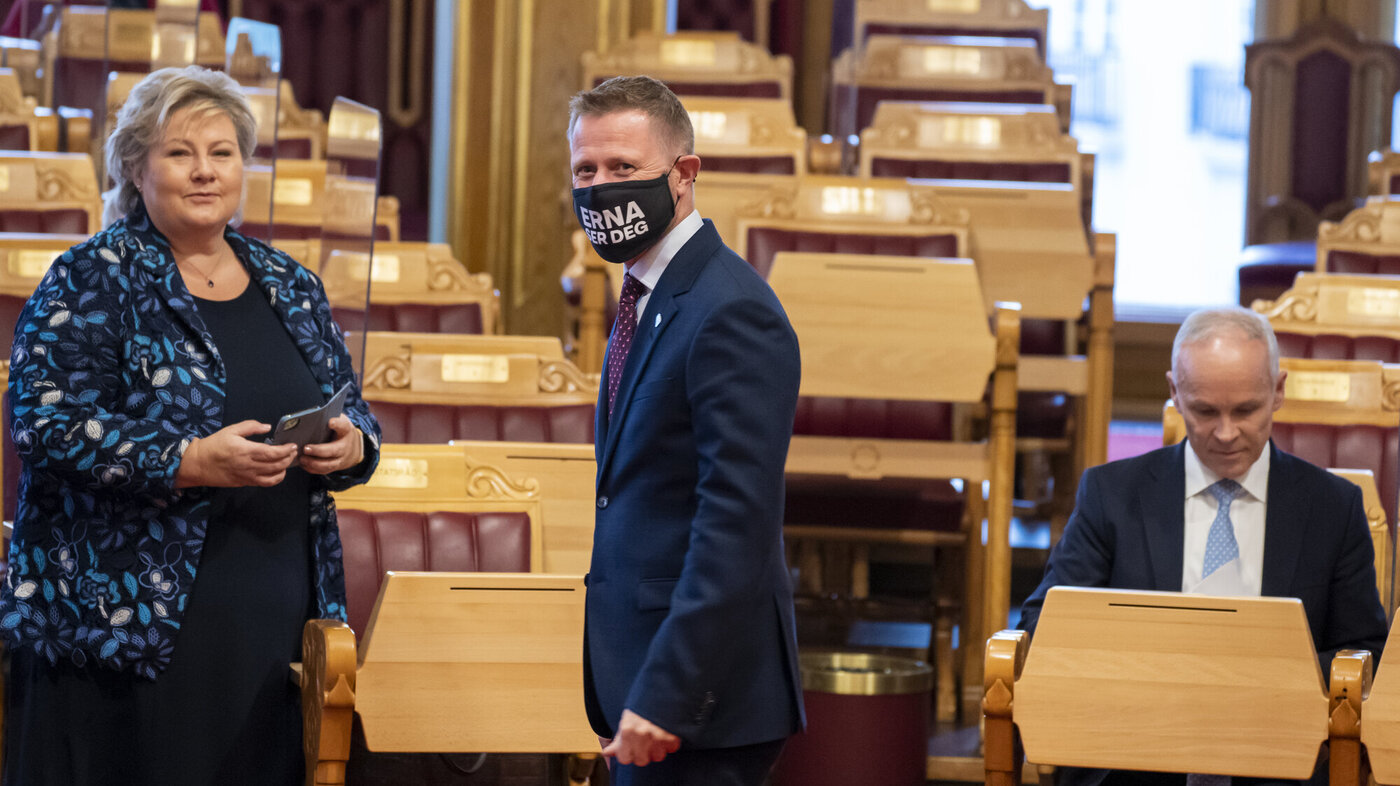 Bildet viser Erna Solberg, Bent Høie og Jan Tore Sanner,