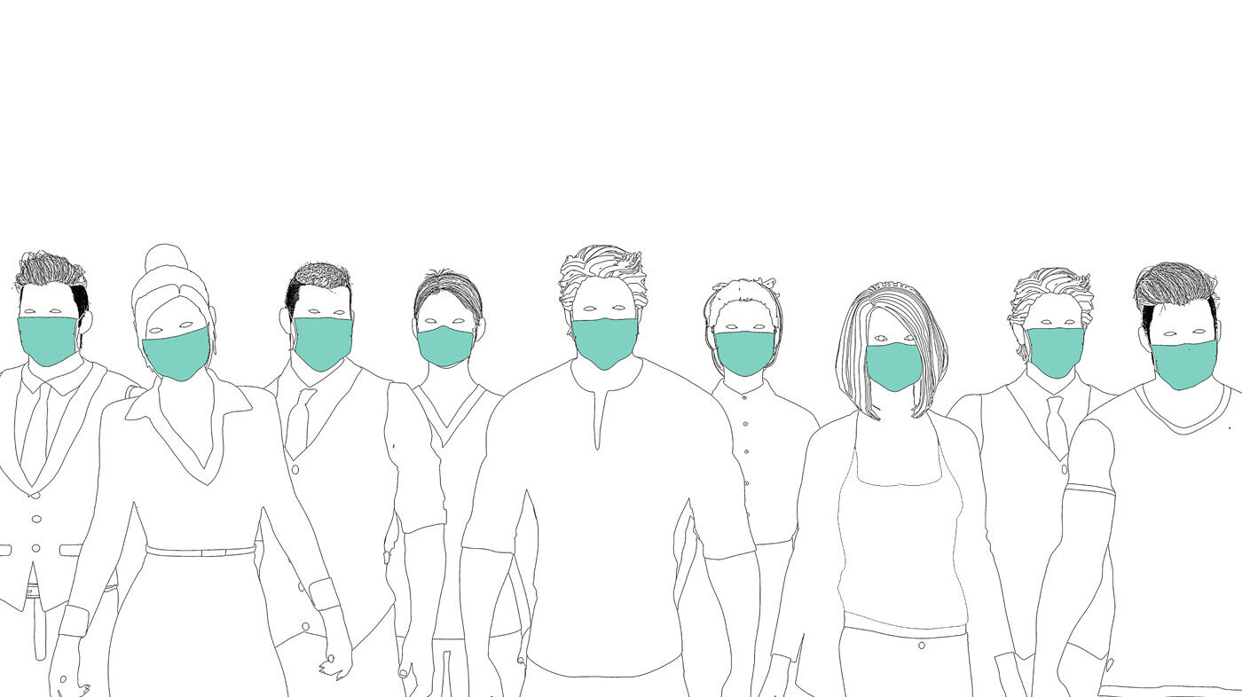 Bildet viser en tegning av helsepersonell i front med masker