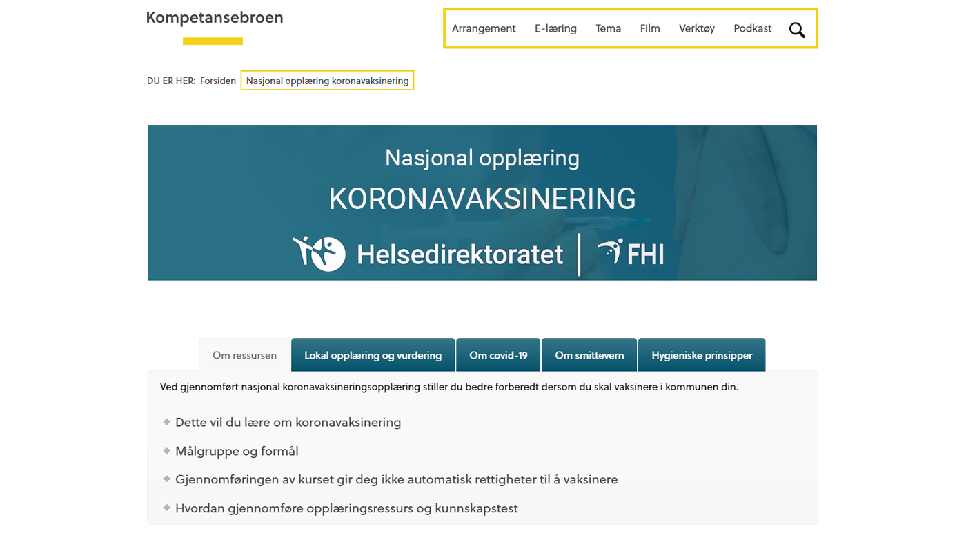 Bildet viser en skjermdump av den nasjonale opplæringen i koronavaksinering.