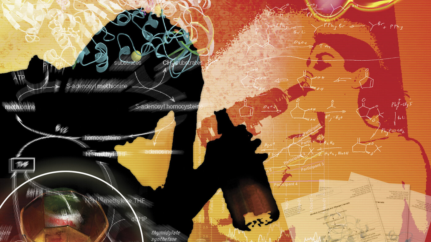 Illustrasjonen viser en silhuett av en mann som holder en flaske og støtter hodet i den ene hånda. I bakgrunnen skimtes ei jente som drikker av en flaske.
