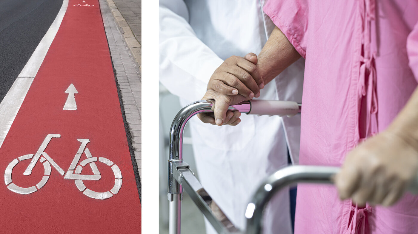 To bilder som henholdsvis viser et sykkelfelt med rød asfalt og et pleietrengende menneske som får hjelp av helsepersonell