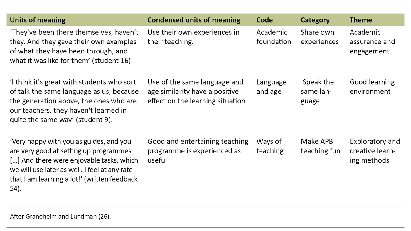 Table 1. Example of analysis from unit of meaning to theme 