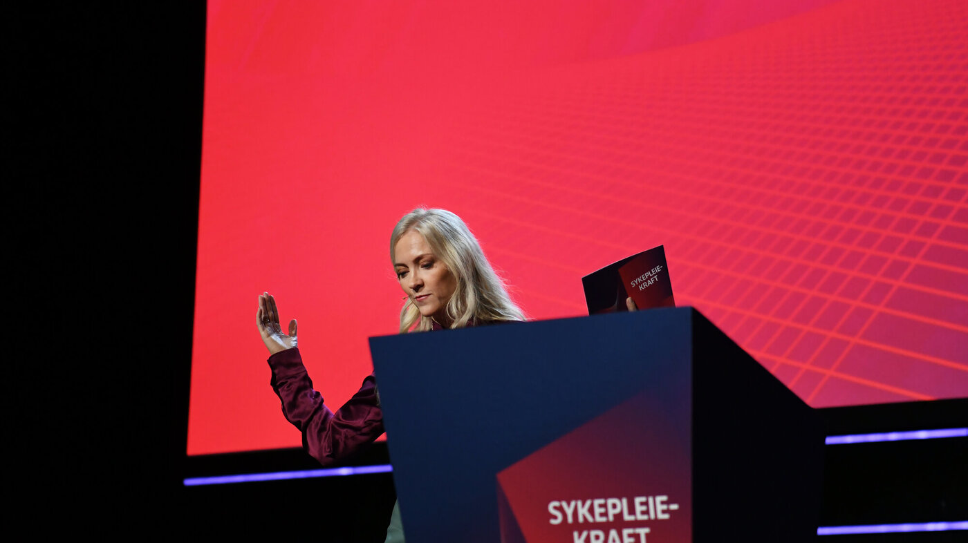 Bildet viser forbundsleder Lill Sverresdatter Larsen under Sykepleierkongressen 2021.