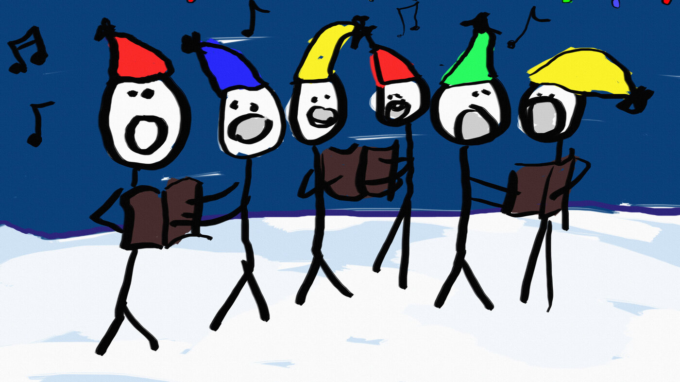 Illustrasjonen viser strekmennesker med hatter som synger.