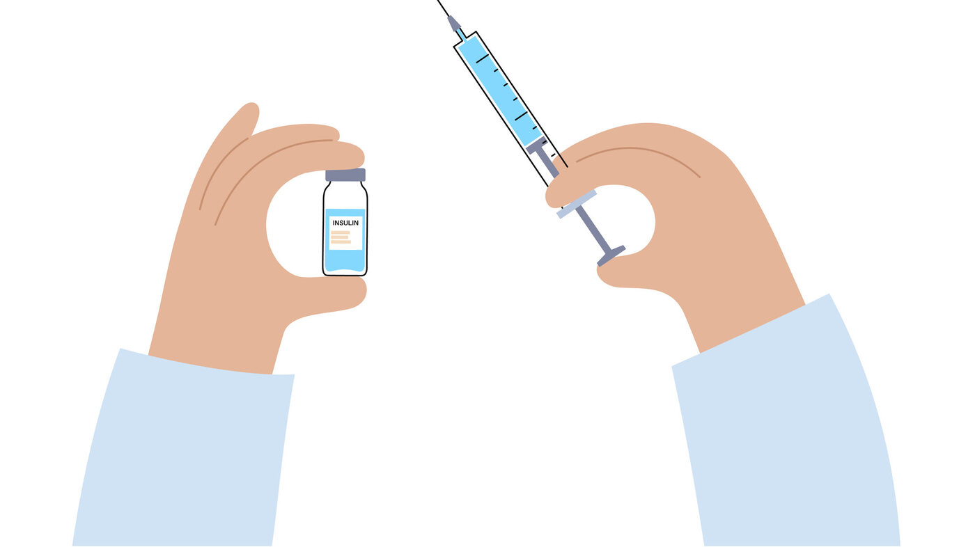 Insulin, hetteglass Illustrasjonen viser hender som holder hetteglass og sprøyte.