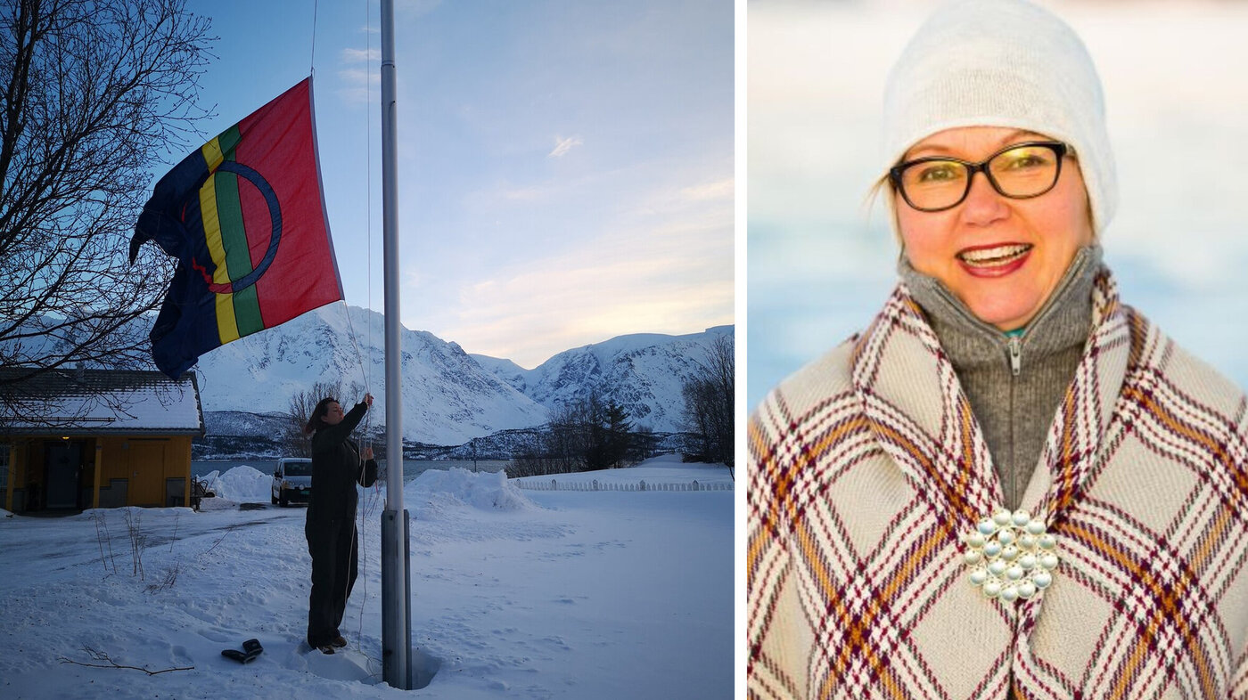 Sykepleier heiser samisk flagg på nasjonaldagen 6. februar