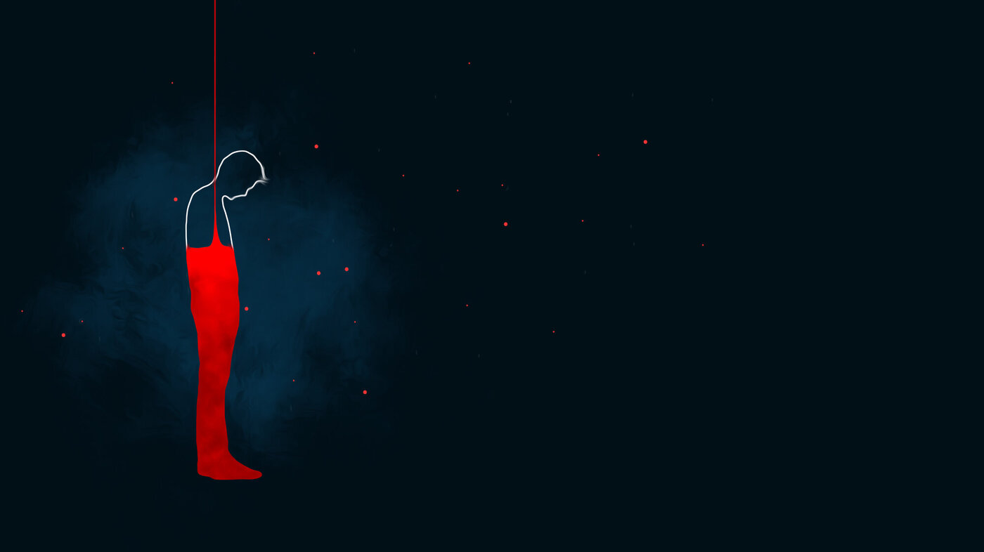 Bildet viser en kunstnerisk tegning av en ensom mann i rødt på en mørk bakgrunn. Mannen henger i en tynn tråd