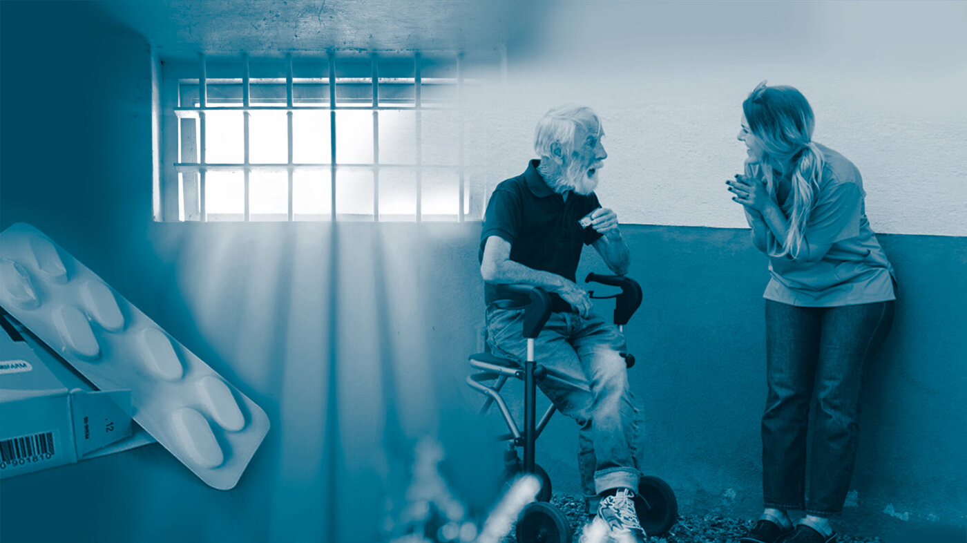 OAT treatment in prison The photo montage shows some pills, a prison window and an elderly man talking to a nurse