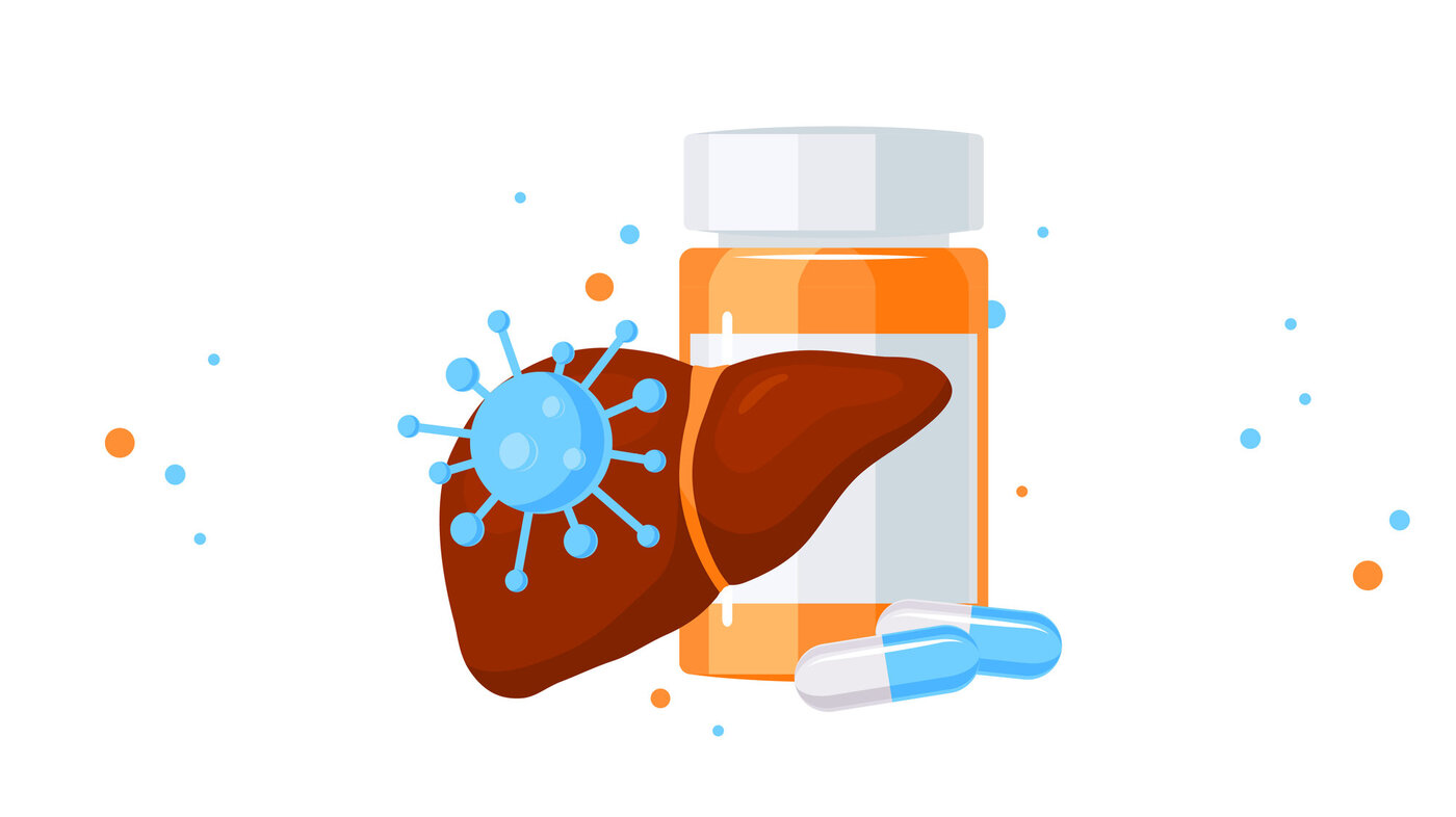 Hepatitis C The illustration shows a liver and a glass with some pills on front of it