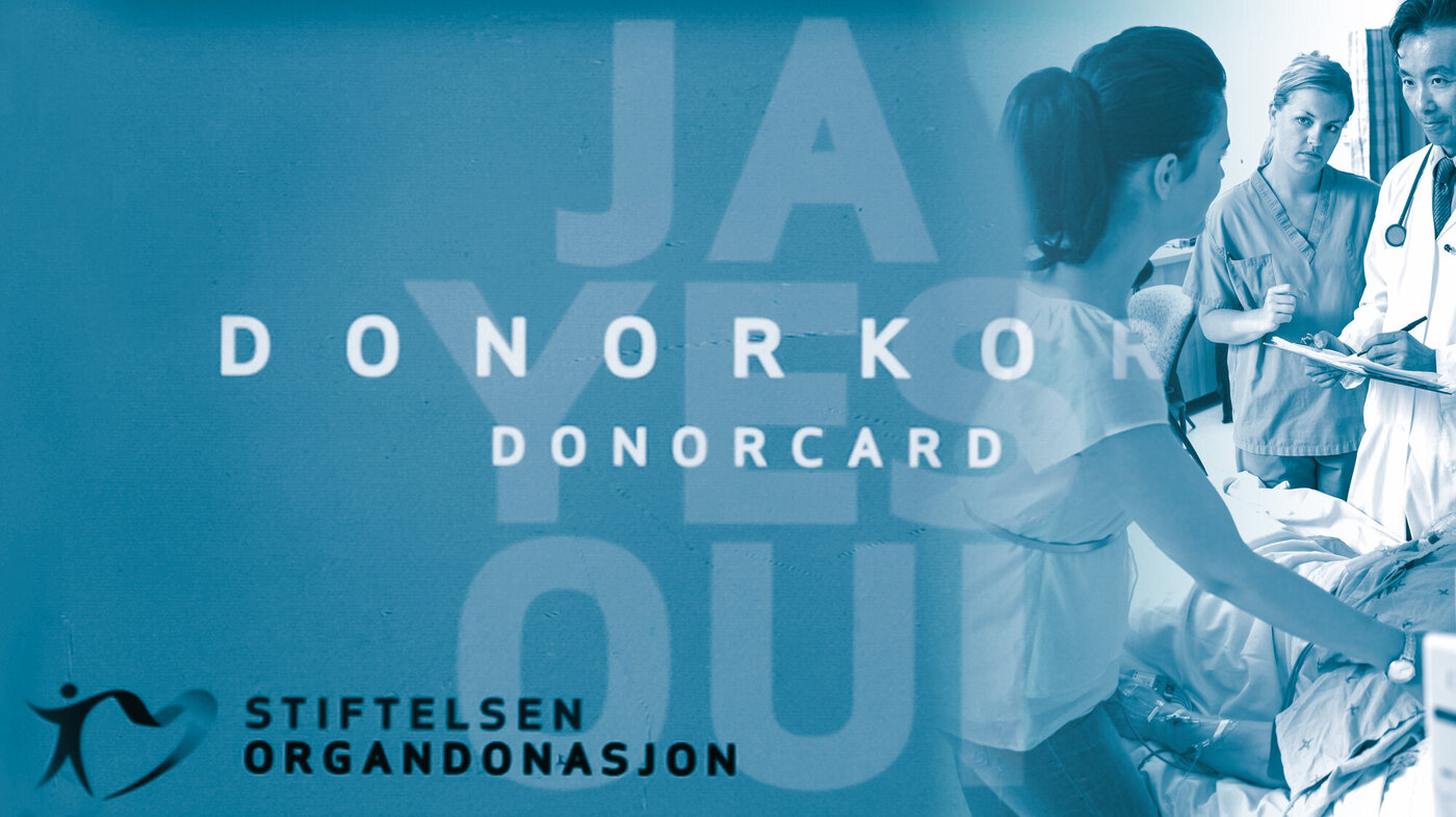 Organ donation The montage shows an organ donor card. To the right you can see a doctor, a nurse and a family member standing by the bed of the patient